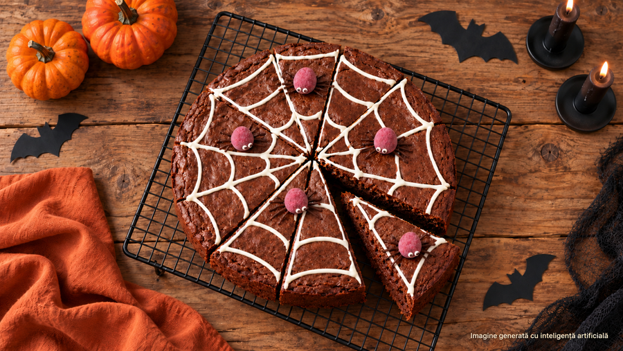 Čokoladni brownie s pajkovo mrežo za noč čarovnic in čokoladnimi malinami